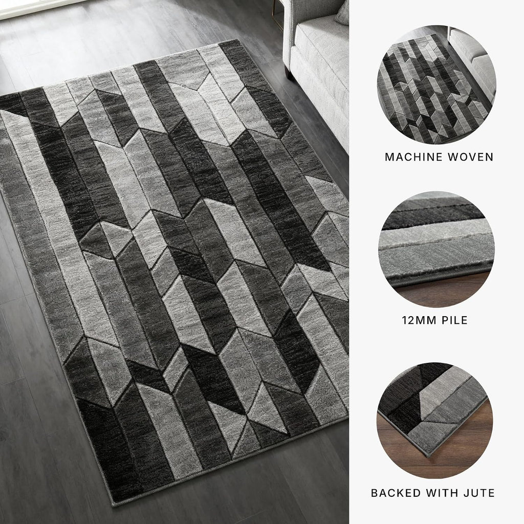 Signature Design by Ashley Chayse Geometric Area Rug, 7x10, Black & Gray | 100% polypropylene fiber, 12 mm medium pile height, Hand-carved multidimensional design, Large living room use, Spot clean
