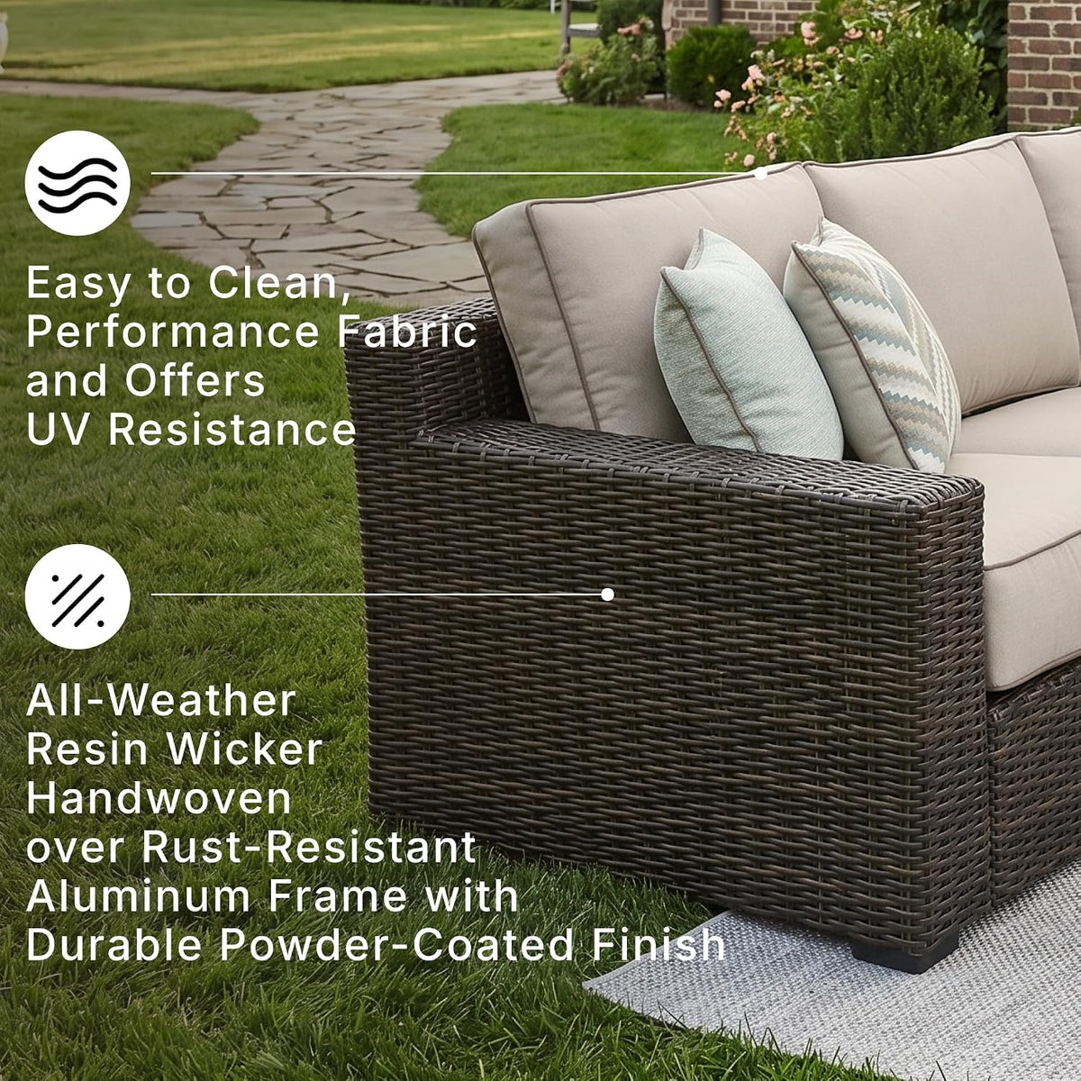 Signature Design by Ashley Coastline Bay Outdoor Patio Sofa, Rust-Free Aluminum Frame, Resin Wicker and Nuvella Fabric, Casual Seating for Sunroom or Deck, Brown and Beige