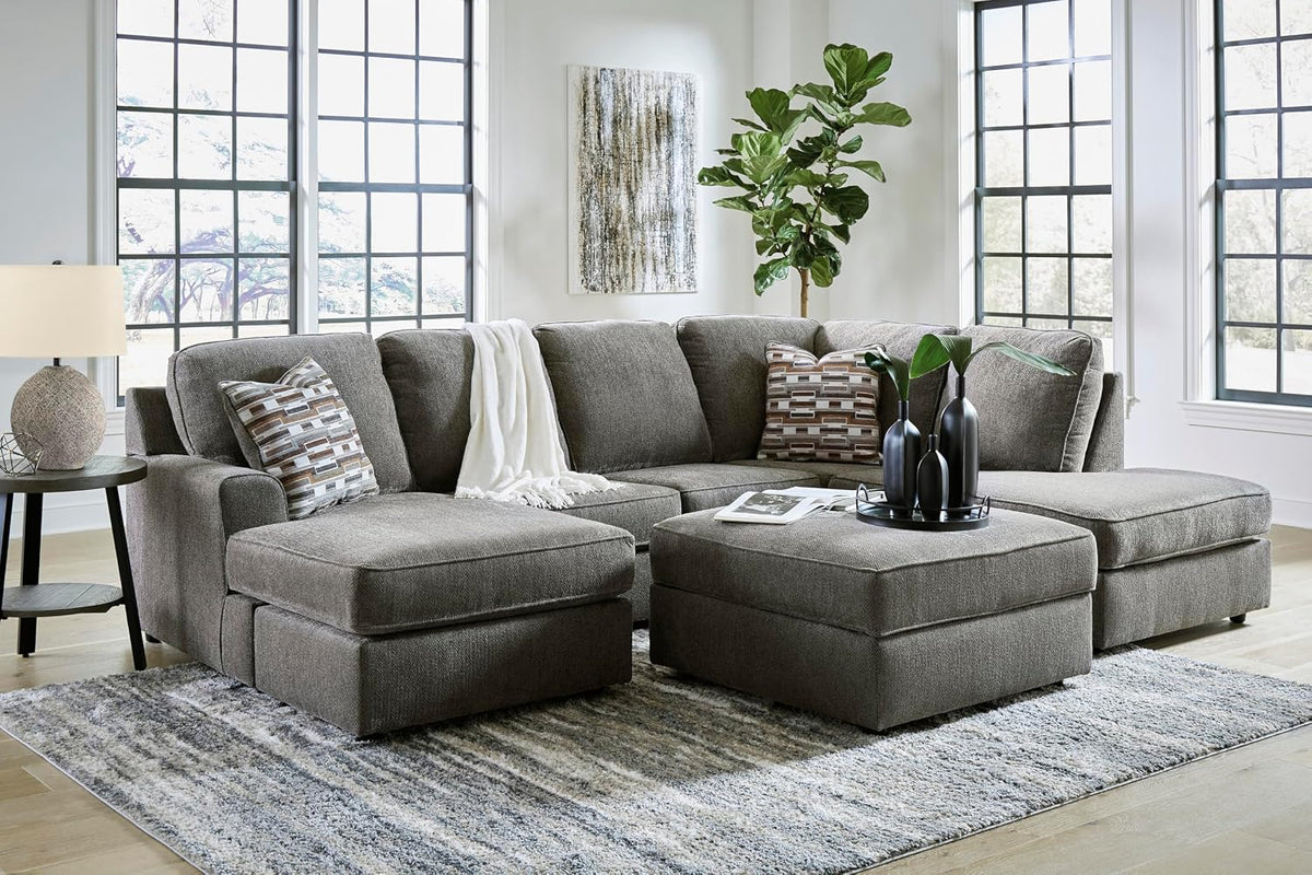 Signature Design by Ashley Putty Grey Ottoman with Storage | Square storage ottoman with reversible tray top and built-in cup holders, Putty grey herringbone chenille, O'Phannon Series
