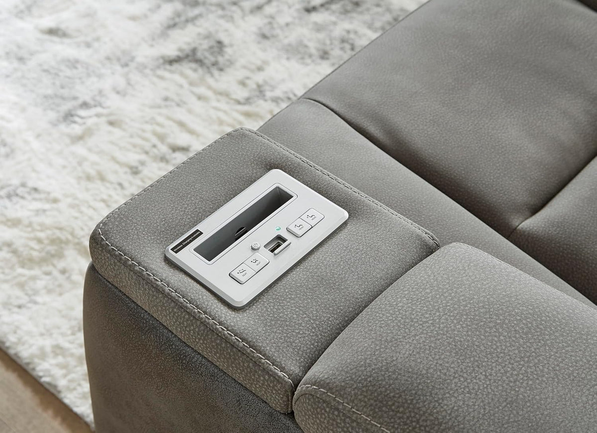 Signature Design by Ashley Power Reclining Loveseat with Console, Gray | Water-resistant faux leather, Zero-gravity recline, Easy View adjustable headrest, Wireless charging, Next-Gen Durapella
