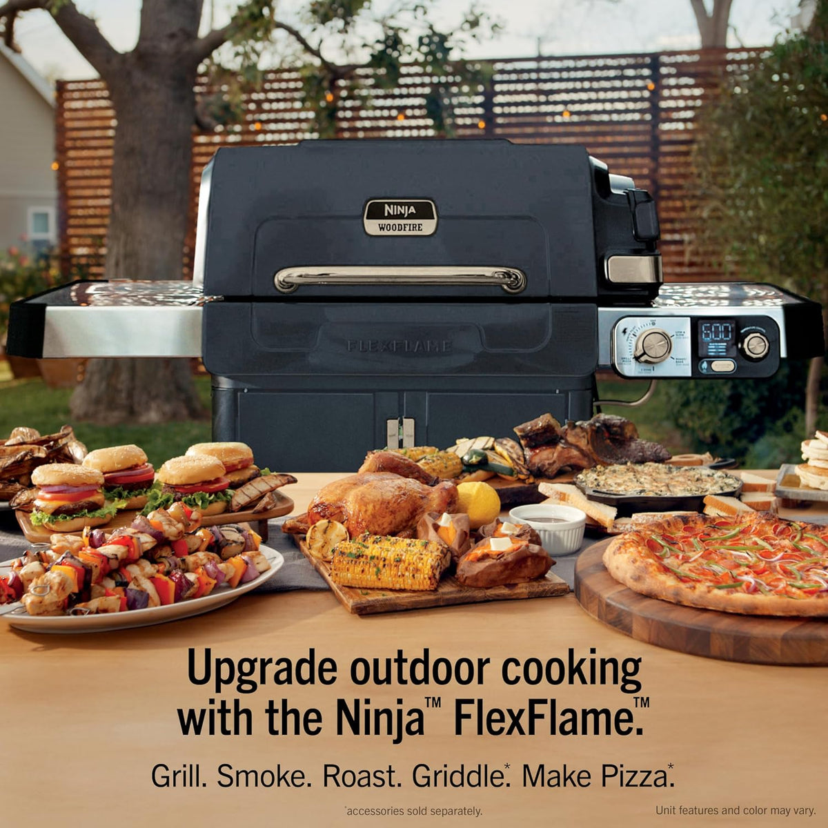Ninja FlexFlame Grill & Smoker, Electric & Propane, 5-in-1, Blue, PG301BL | Ninja FlexFlame is a 5-in-1 grill, smoker & griddle with precise 200-600°F control, fitting 3 chickens or 4 rib racks