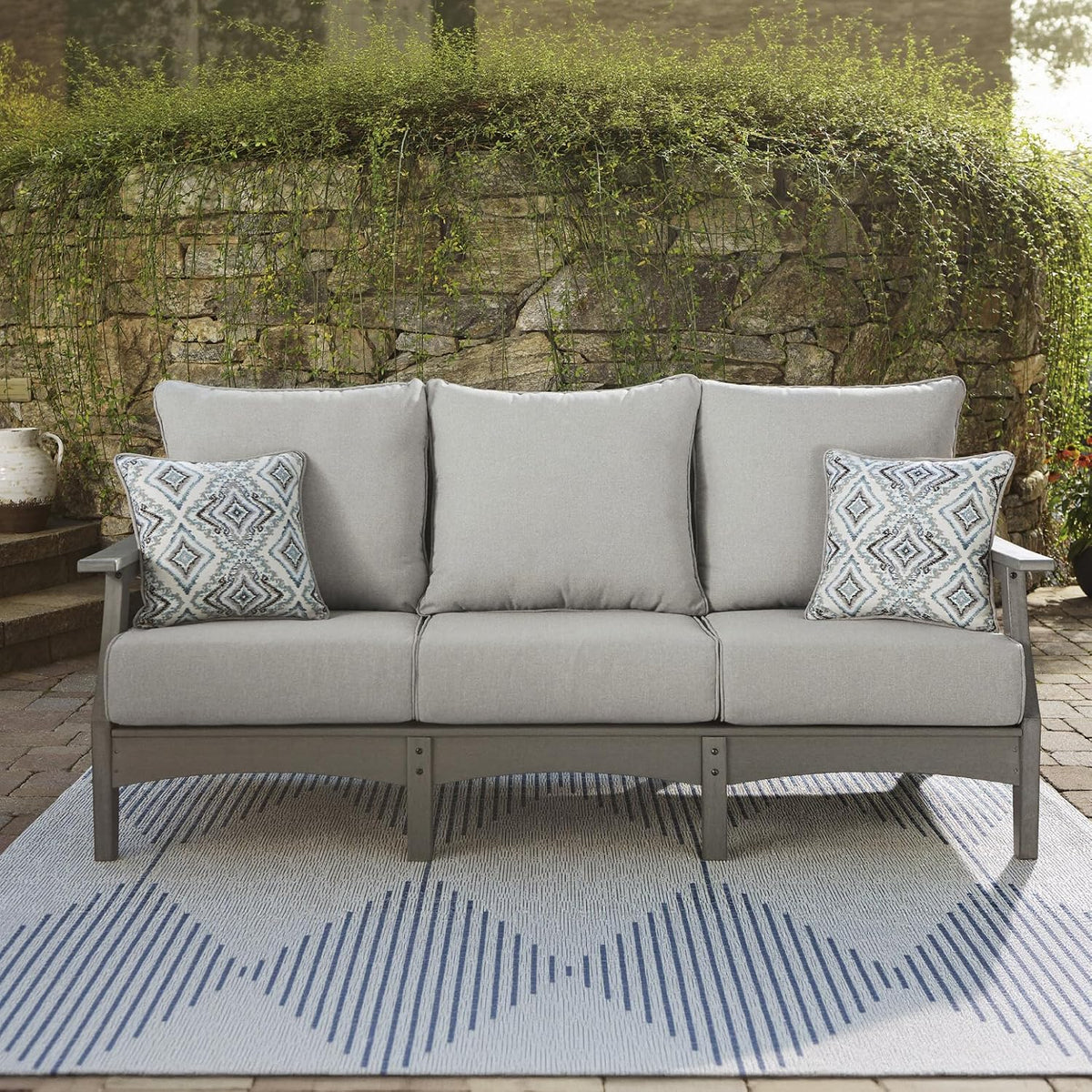 Signature Design by Ashley Visola 80"W 3-Seat Outdoor Patio Sofa, HDPE Wood Look, Couch with Performance Cushions for Deck Furniture, Gray