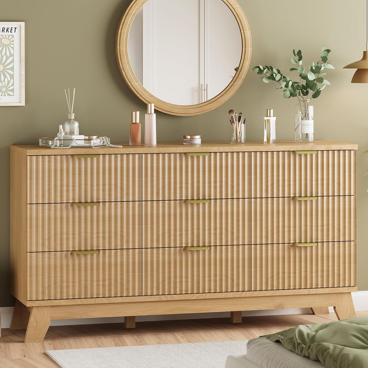 Xixini Fluted Dresser for Bedroom with 9 Drawers, 57" Wide Modern Chest of Drawers with Metal Handle, Wooden Dresser TV Stand, Wood Closet Clothes Storage Organizer for Living Room, Hallway, Walnut