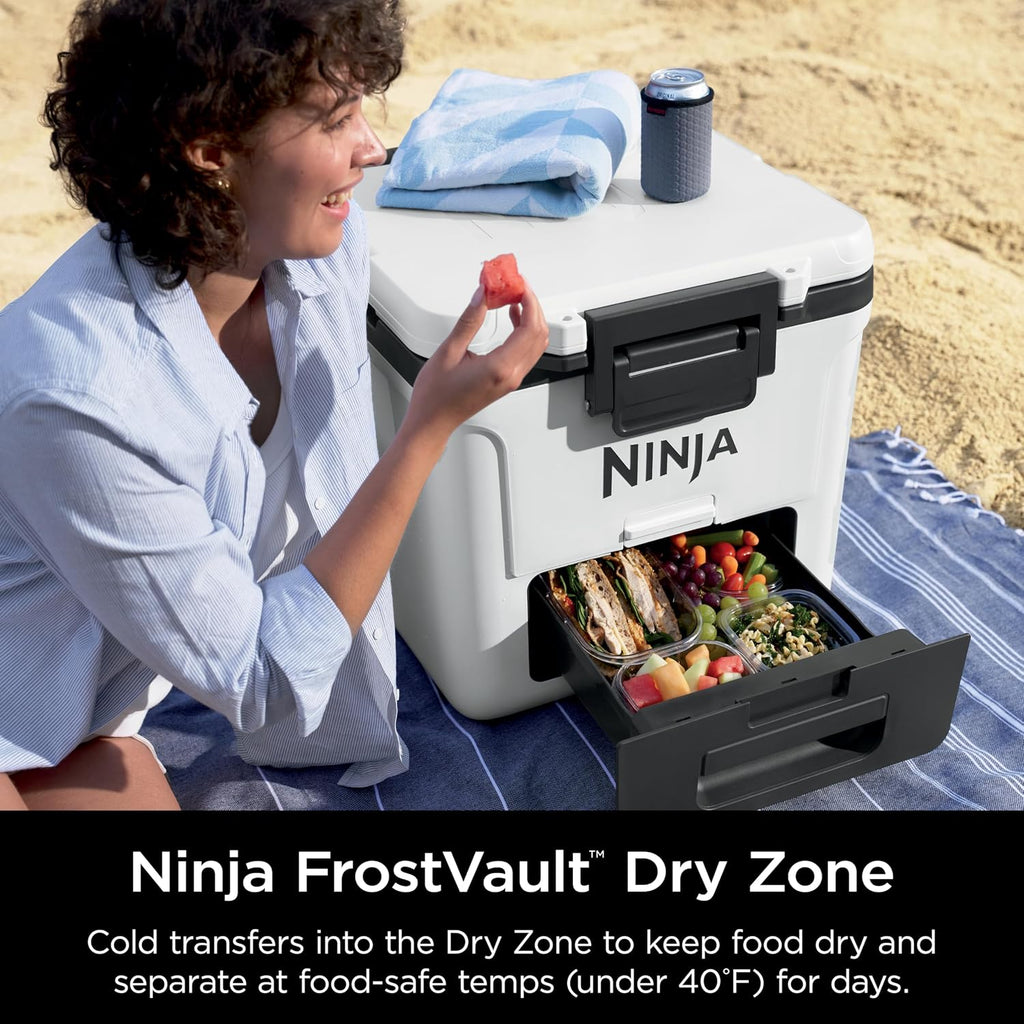 Ninja FrostVault 30qt Cooler with Wheels, Dry Storage Drawer, Cloud White | Ninja FrostVault's 30-qt capacity holds 48 cans, keeps food cool & dry, and rolls easily on all-terrain wheels