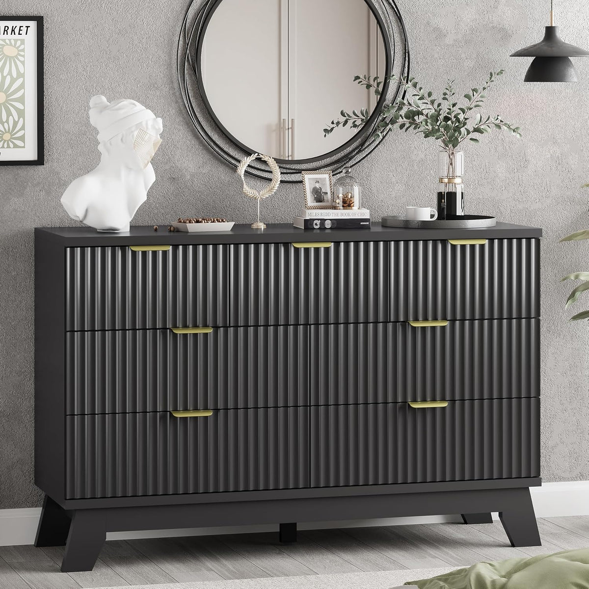 Xixini Fluted Dresser for Bedroom with 9 Drawers, 57" Wide Modern Chest of Drawers with Metal Handle, Wooden Dresser TV Stand, Wood Closet Clothes Storage Organizer for Living Room, Hallway, Walnut