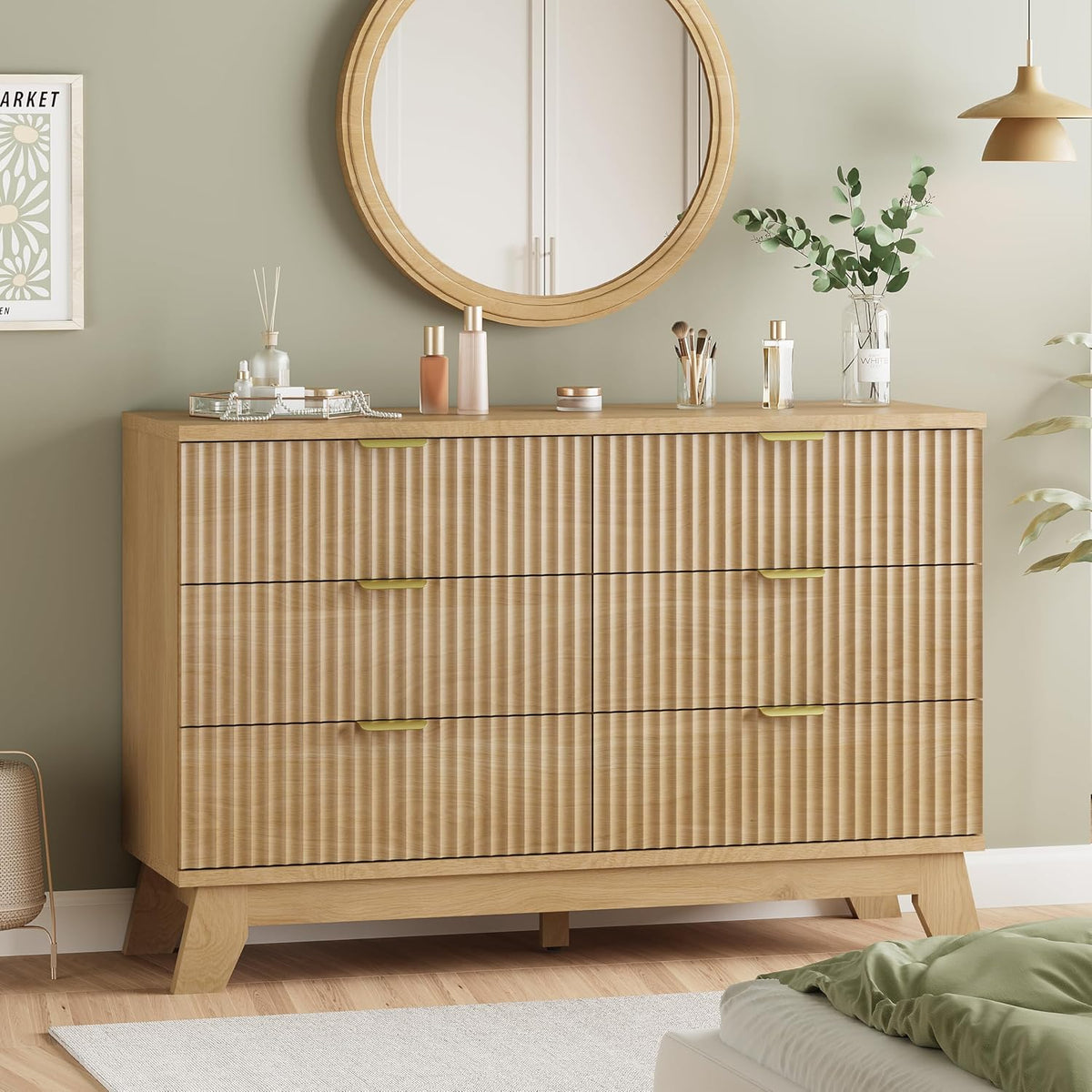 Xixini Fluted Dresser for Bedroom with 9 Drawers, 57" Wide Modern Chest of Drawers with Metal Handle, Wooden Dresser TV Stand, Wood Closet Clothes Storage Organizer for Living Room, Hallway, Walnut