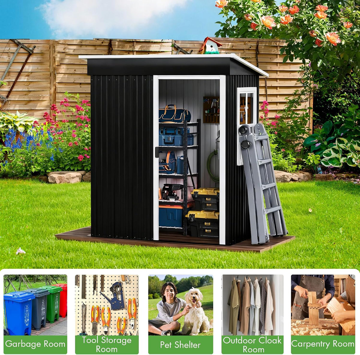 5x3 FT Metal Shed Garden Storage, Garden Shed, Waterproof Galvanized Steel with Window, Outdoor Lean-to Shed with Sliding Door,Lock and Gloves for Patio, Garden, Backyard, Bike, Garbage,Bin (Black)