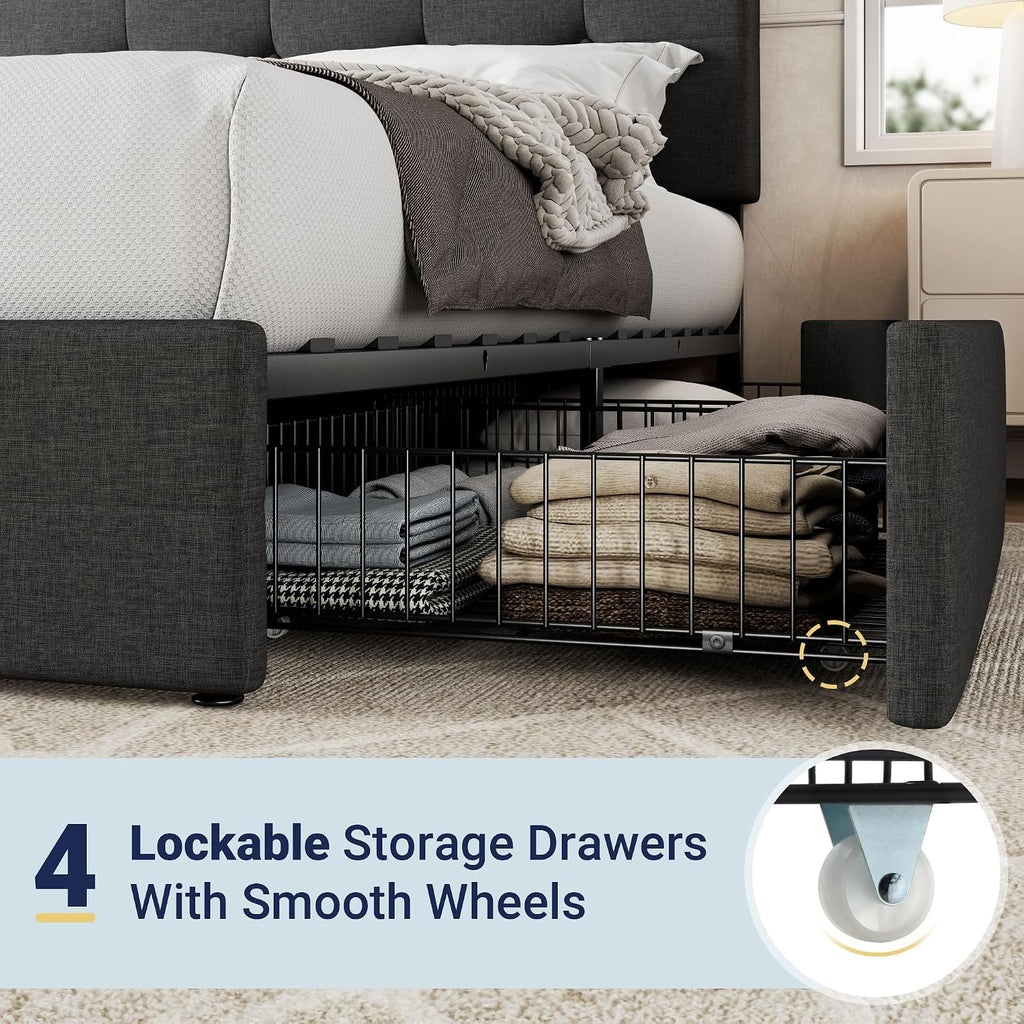 Allewie Queen Size Storage Bed Frame with 4 Underbed Drawers, Upholstered Platform Bed with Adjustable Headboard, Square Button Tufted, Easy Assembly, Noise-Free, No Box Spring Needed, Dark Grey