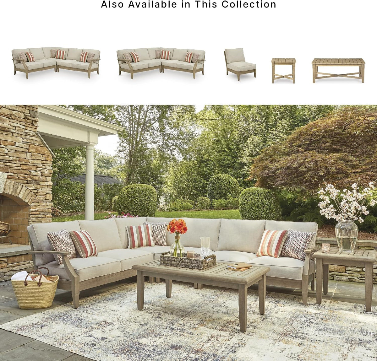 Signature Design by Ashley 4-Piece L-Shape Outdoor Sectional, Wood, Beige | Wood patio furniture set, Eucalyptus frame, Solution-dyed Nuvella fabric, All-weather foam cushions, Clare View Series
