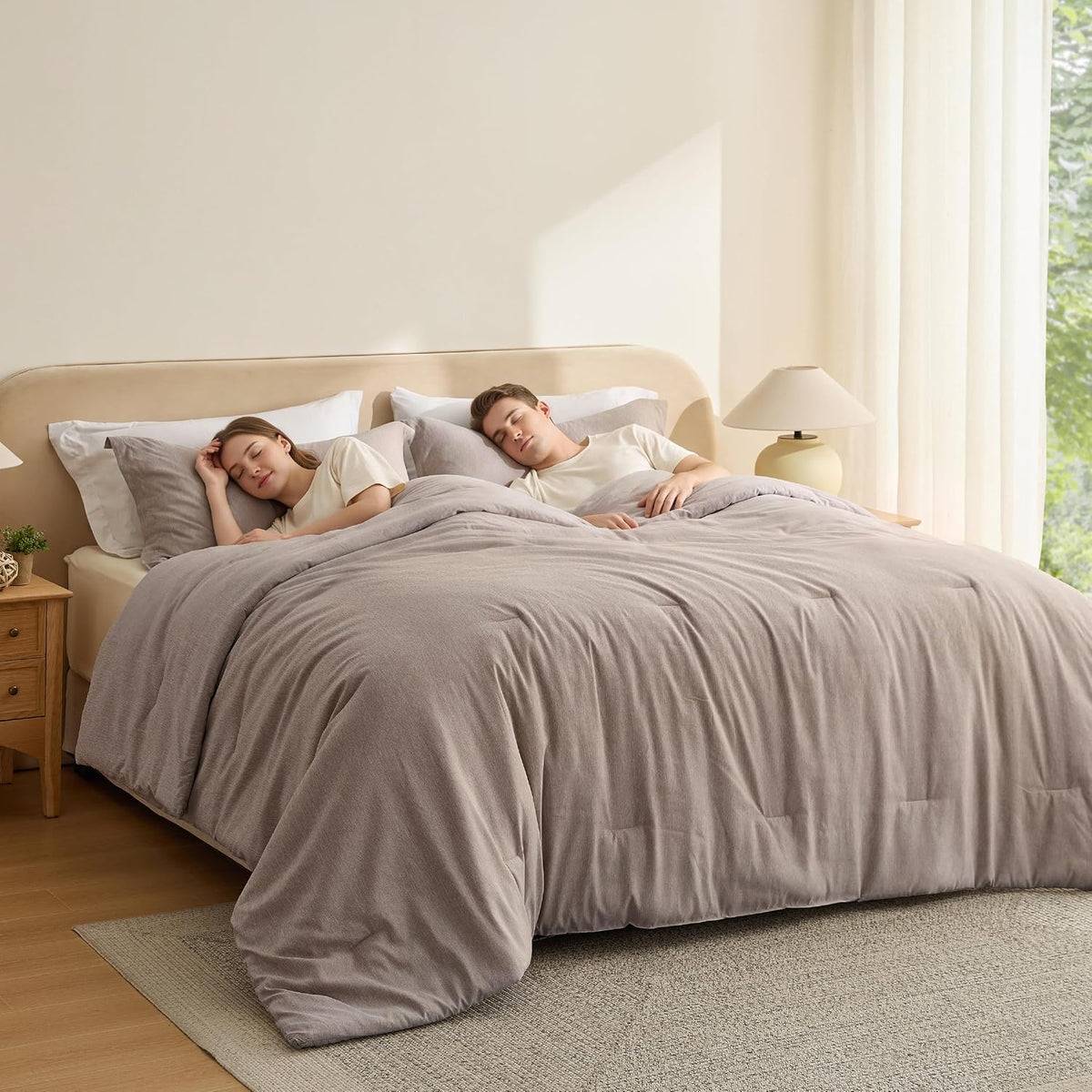 Bedsure Queen Size Comforter Sets, Beige Cationic Dyed Bedding Set 3 Pcs