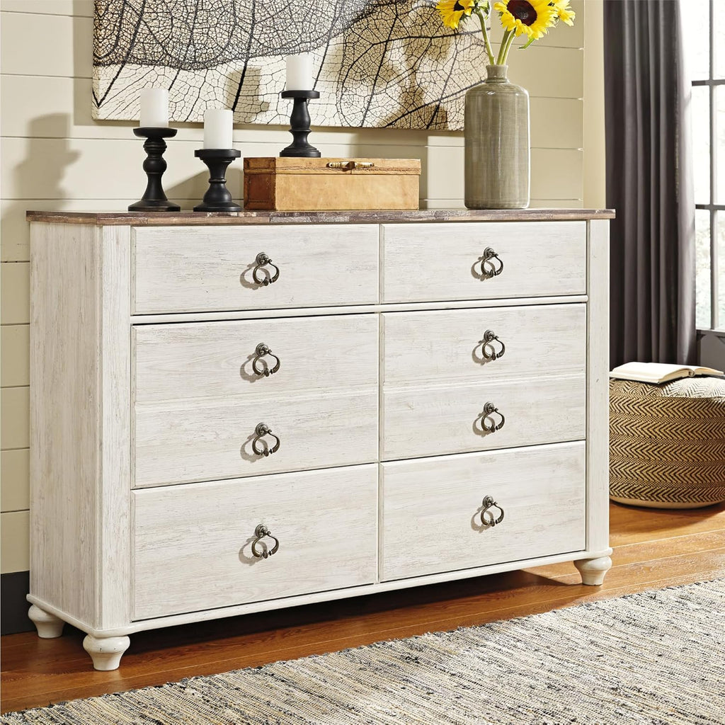 Signature Design by Ashley Willowton 6-Drawer Coastal Dresser, Whitewash | 6 drawer capacity, Coastal farmhouse style, Textured whitewash finish, Driftwood plank effect top, ASTM F 2057 compliant