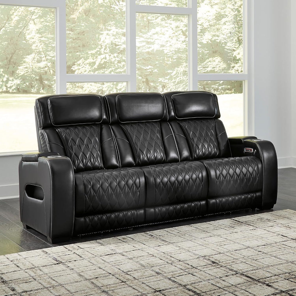 Signature Design by Ashley 3-Seater Leather Power Reclining Sofa, Black | 3-seater power headrest sofa with zero-gravity massage and heat, Drop-down table and arm storage, Boyington Series