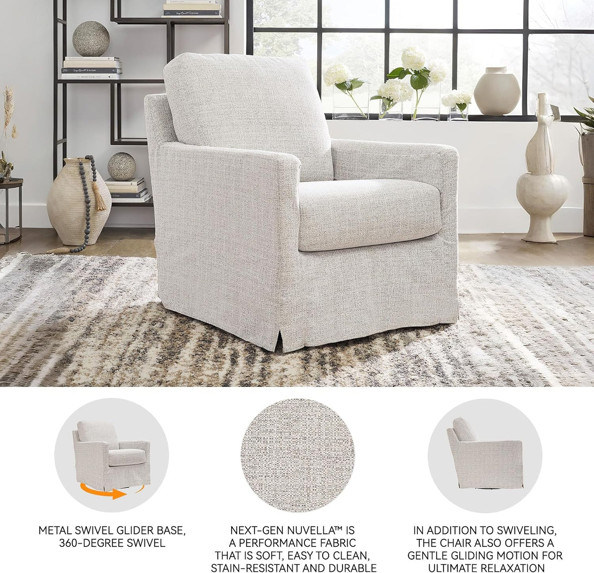 Signature Design by Ashley Nenana Swivel Glider Accent Chair, Stone Beige | Next-Gen Nuvella fabric, Machine-washable covers, 360-degree metal swivel base with gentle gliding motion