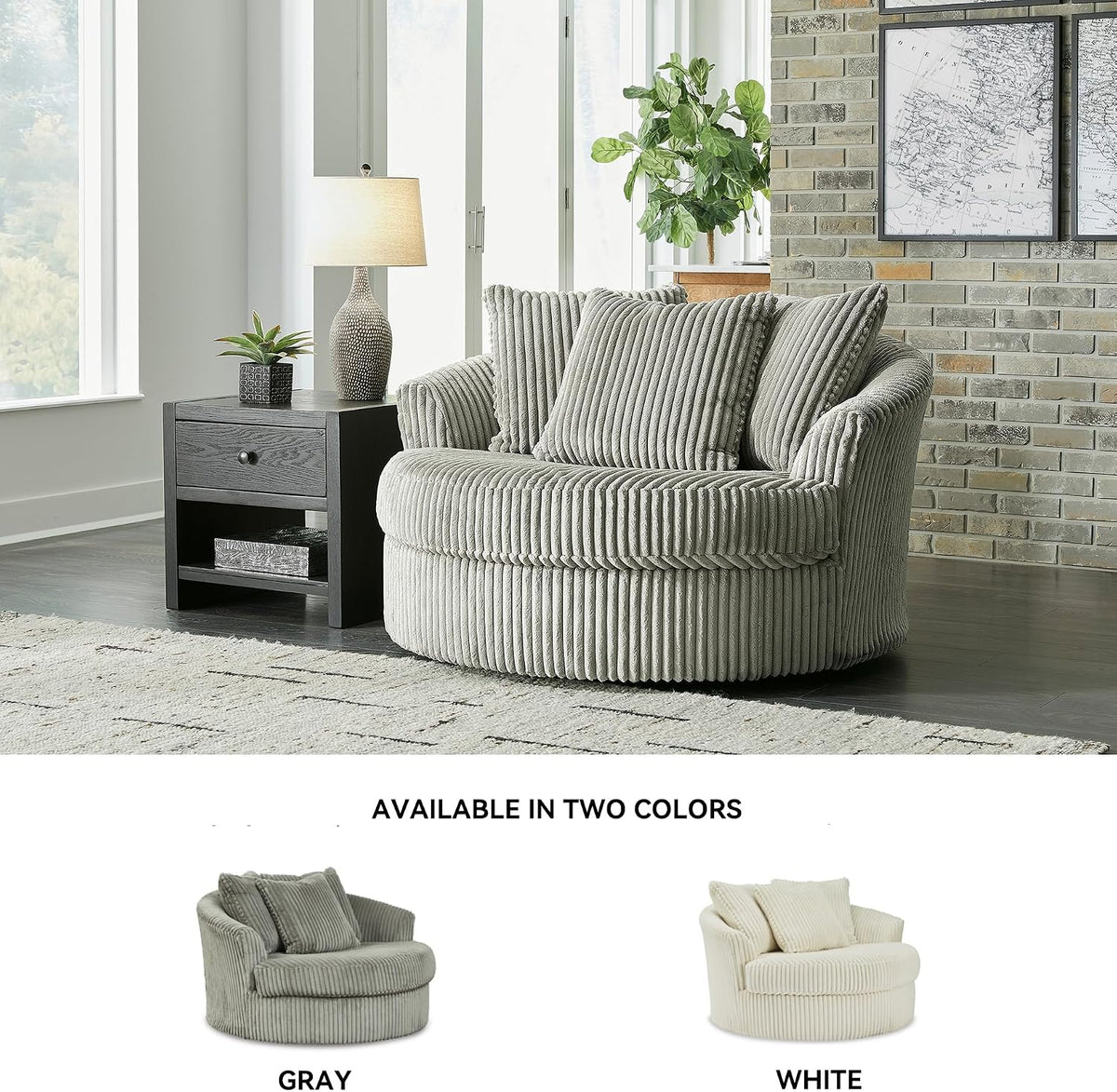 Signature Design by Ashley Lindyn Oversized Round Swivel Accent Chair, Fog | Plush textured cord upholstery, Sag-resistant platform foundation, Reversible seat cushion, No assembly required