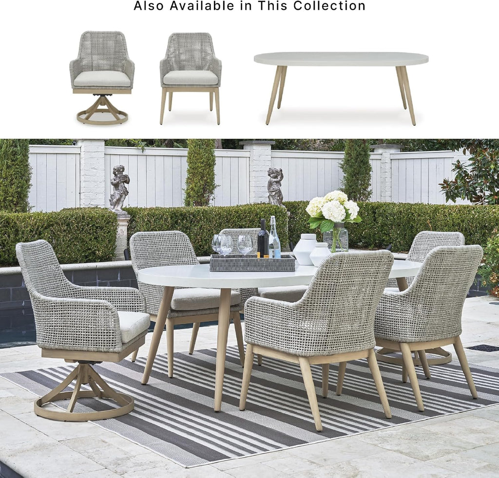 Signature Design by Ashley Seton Creek Cottage Nuvella Weather Resistant Fabric Outdoor Dining Arm Chair with Cushion, Set of 2, Light Brown & Light Gray