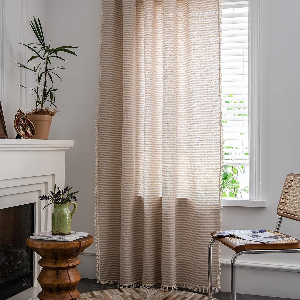 Sutuo Home Boho Curtain Crochet Lace Semi-Sheer Florals Hollow Knitted Handmade Tassels, Rod Pocket Window Treatment Vintage Rustic Farmhouse Drapes for Living Bedroom, 1 Panel 59" W x 84" L, Beige