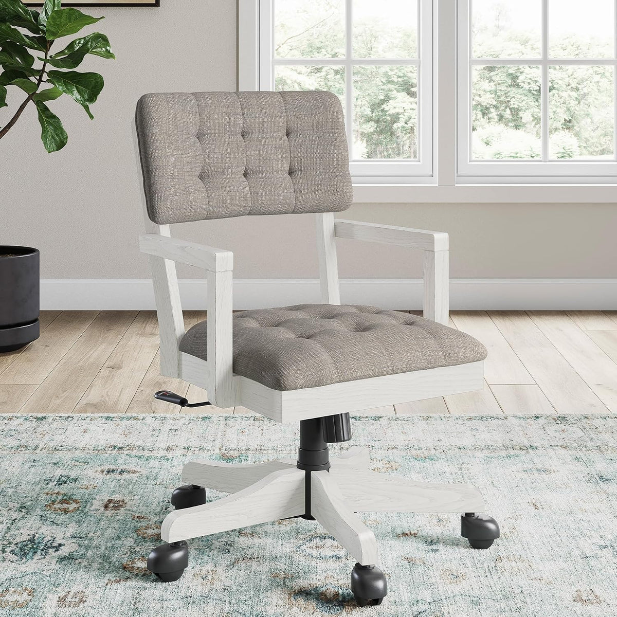 Signature Design by Ashley Robbinsdale Home Office Desk Chair, Farmhouse | Solid wood frame, 360-degree swivel, Tufted light gray fabric, Smooth casters, Adjustable height
