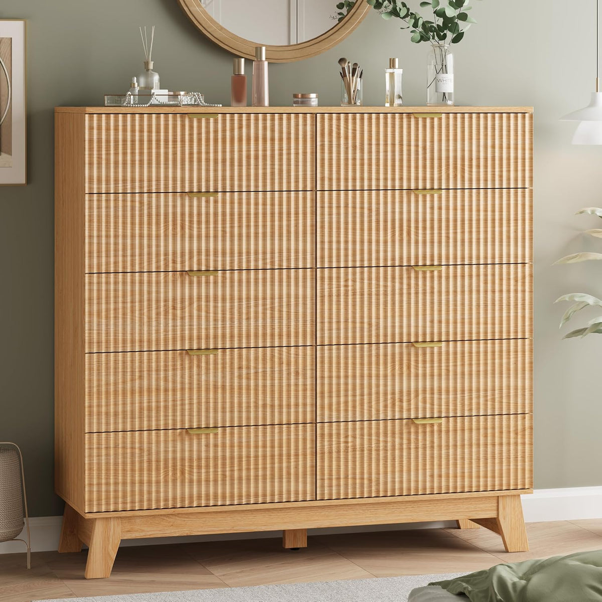 Xixini Fluted Dresser for Bedroom with 9 Drawers, 57" Wide Modern Chest of Drawers with Metal Handle, Wooden Dresser TV Stand, Wood Closet Clothes Storage Organizer for Living Room, Hallway, Walnut
