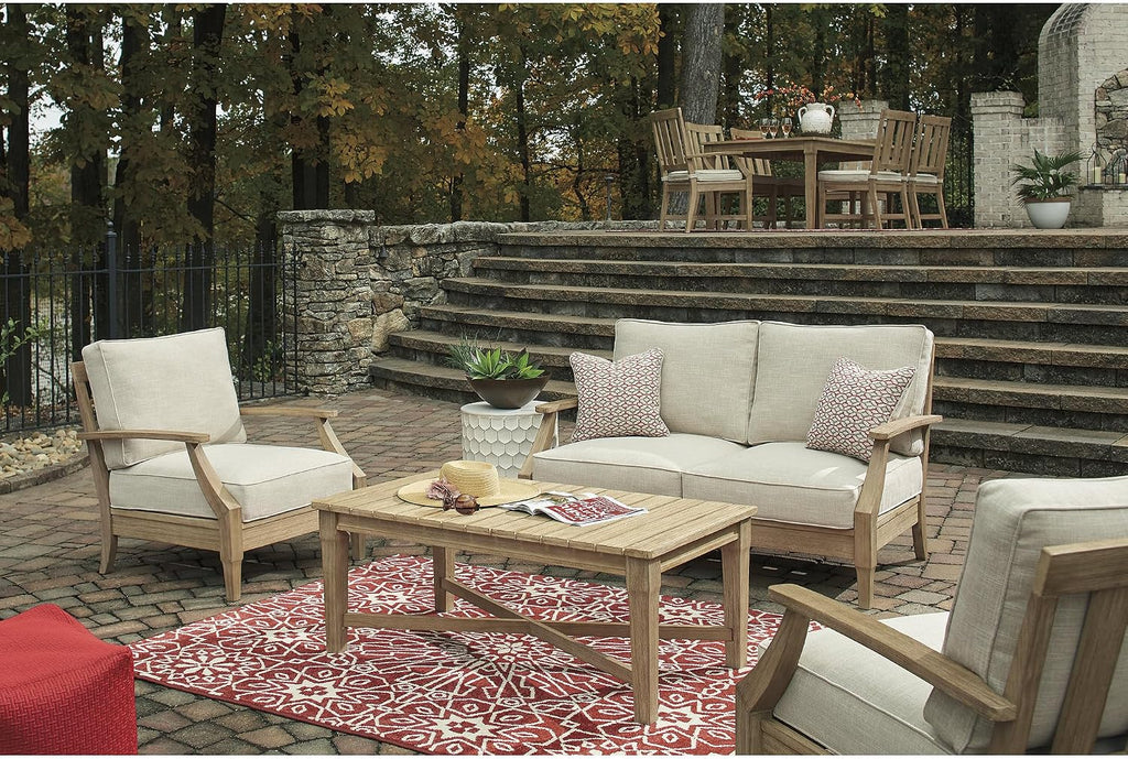 Signature Design by Ashley Clare View Outdoor Loveseat with Cushion, Beige | Eucalyptus wood frame, 5-step protective coating, Nuvella performance fabric, Compact balcony furniture, 2 throw pillows