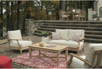 Signature Design by Ashley Clare View Outdoor Loveseat with Cushion, Beige | Eucalyptus wood frame, 5-step protective coating, Nuvella performance fabric, Compact balcony furniture, 2 throw pillows