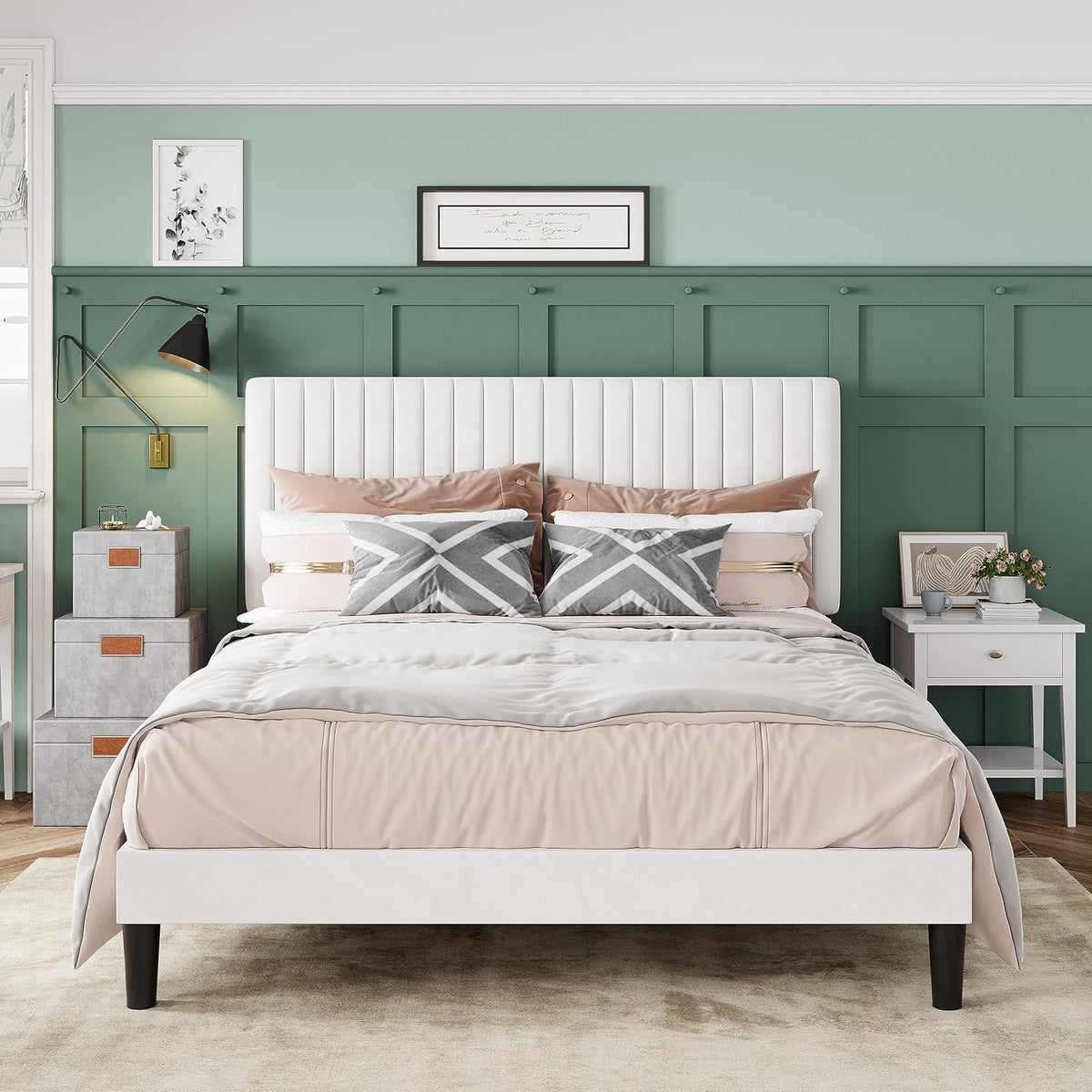 Allewie Queen Bed Frame, Velvet Upholstered Platform Bed with Adjustable Vertical Channel Tufted Headboard, Mattress Foundation with Strong Wooden Slats, Box Spring Optional, Easy Assembly, Off-White