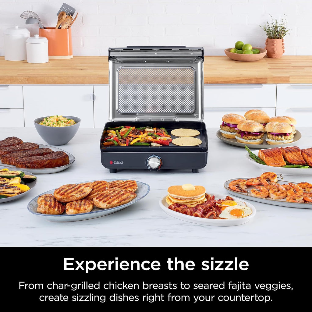 Ninja® Sizzle™ Indoor Grill & Griddle, 14'', 500°F, Grey/Silver, GR101 | Interchangeable nonstick grill & griddle plate, dishwasher-safe lid, 500°F edge-to-edge heat for perfect char-grilled marks.