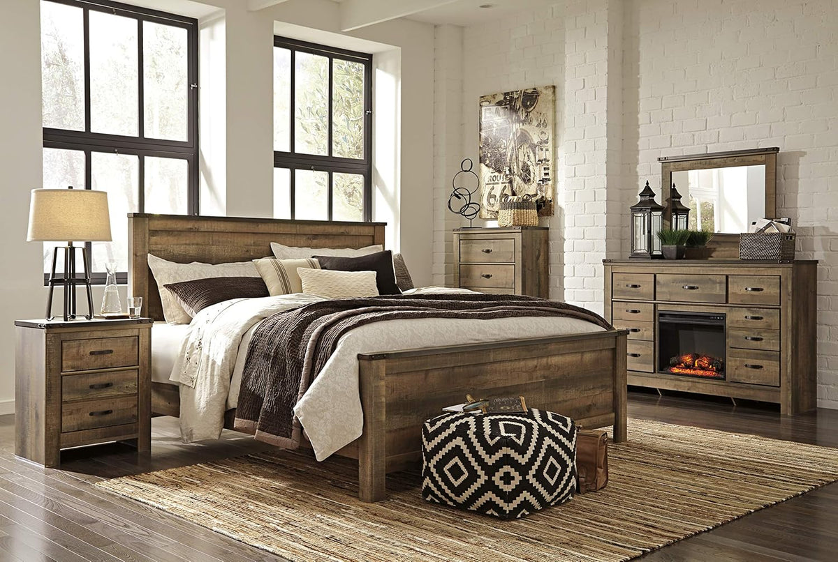 Signature Design by Ashley Trinell King Panel Headboard, Brown | Engineered wood panel, Rustic plank finish, Authentic touch texture, Nailhead accents, 5 minute assembly