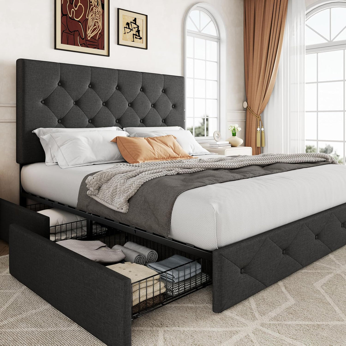 Allewie Queen Size Storage Bed Frame with 4 Underbed Drawers, Upholstered Platform Bed with Adjustable Headboard, Diamond Button Tufted, Easy Assembly, Noise-Free, No Box Spring Needed, Dark Grey