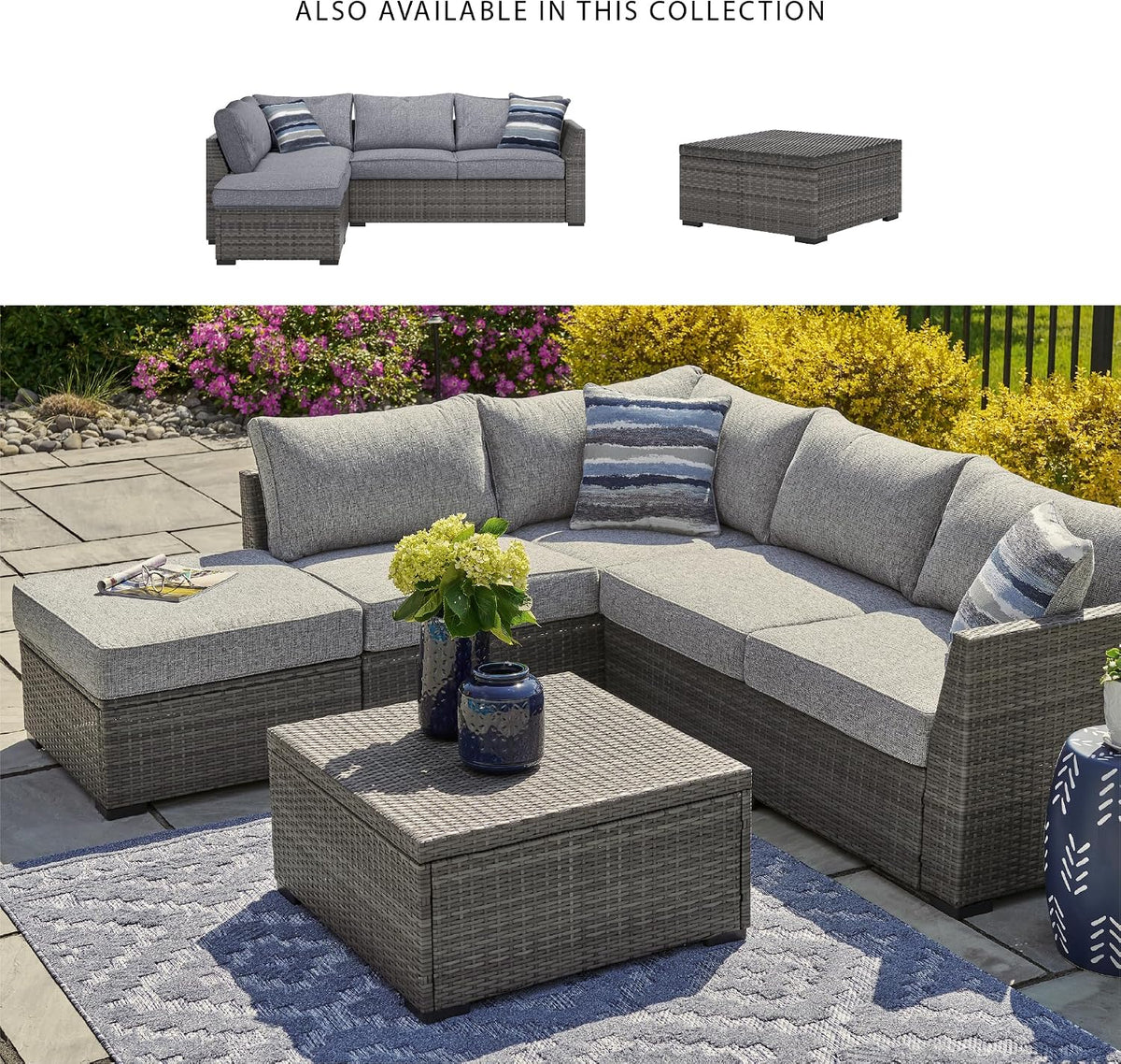 Signature Design by Ashley Petal Road 4-Piece Outdoor Patio Furniture Set, Modular Loveseat Sectional with Storage Table, Rust-Free Aluminum and Resin Wicker, Ideal for Backyard Seating, Gray