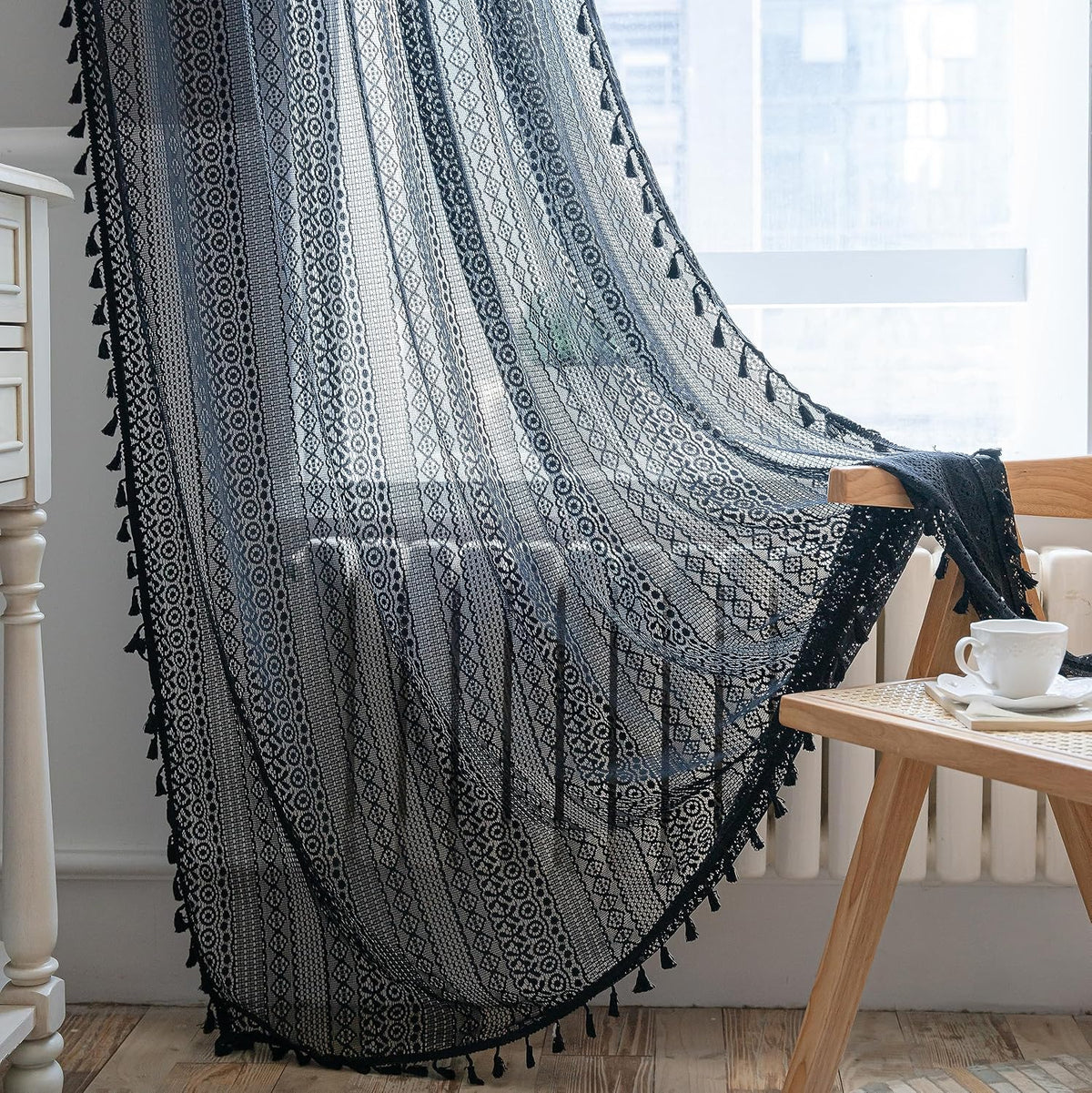Sutuo Home Boho Curtain Crochet Lace Semi-Sheer Florals Hollow Knitted Handmade Tassels, Rod Pocket Window Treatment Vintage Rustic Farmhouse Drapes for Living Bedroom, 1 Panel 59" W x 84" L, Beige