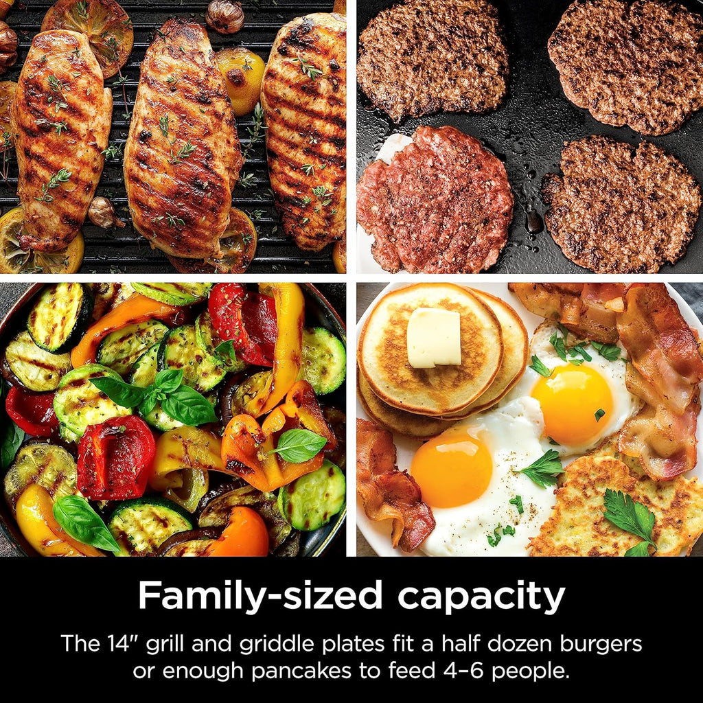 Ninja GR101 Sizzle Smokeless Indoor Grill & Griddle, 14′′ Interchangeable Nonstick Plates, Dishwasher-Safe Removable Mesh Lid, 500F Max Heat, Even Edge-to-Edge Cooking, Grey/Silver (Renewed)