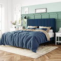 Allewie Queen Bed Frame, Velvet Upholstered Platform Bed with Adjustable Vertical Channel Tufted Headboard, Mattress Foundation with Strong Wooden Slats, Box Spring Optional, Easy Assembly, Navy Blue