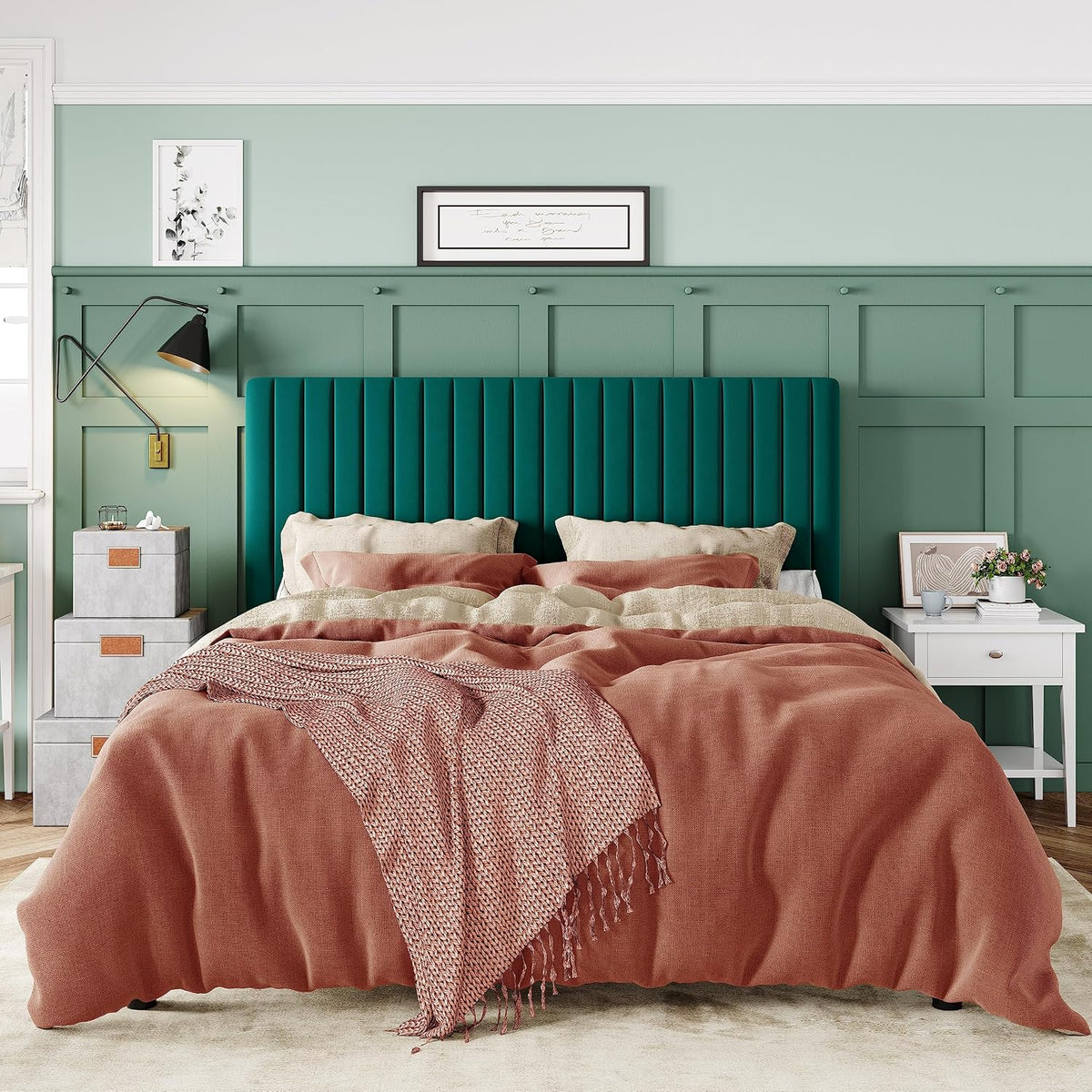 Allewie Queen Bed Frame, Velvet Upholstered Platform Bed with Adjustable Vertical Channel Tufted Headboard, Mattress Foundation with Strong Wooden Slats, Box Spring Optional, Easy Assembly, Teal
