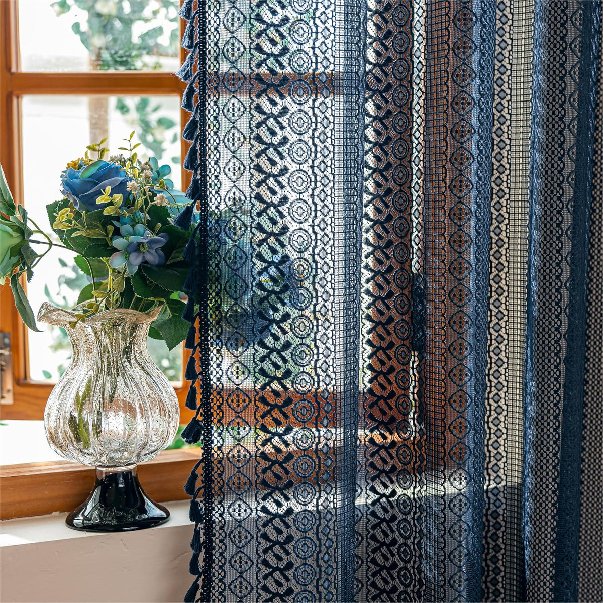 Sutuo Home Boho Curtain Crochet Lace Semi-Sheer Florals Hollow Knitted Handmade Tassels, Rod Pocket Window Treatment Vintage Rustic Farmhouse Drapes for Living Bedroom, 1 Panel 59" W x 84" L, Beige