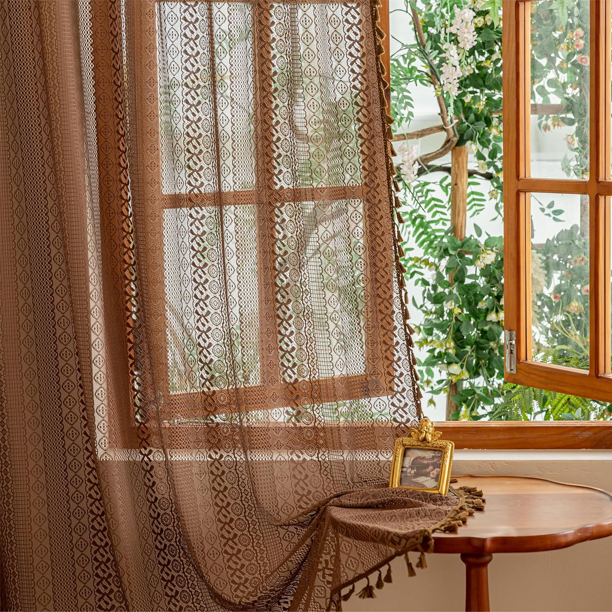 Sutuo Home Boho Curtain Crochet Lace Semi-Sheer Florals Hollow Knitted Handmade Tassels, Rod Pocket Window Treatment Vintage Rustic Farmhouse Drapes for Living Bedroom, 1 Panel 59" W x 84" L, Beige
