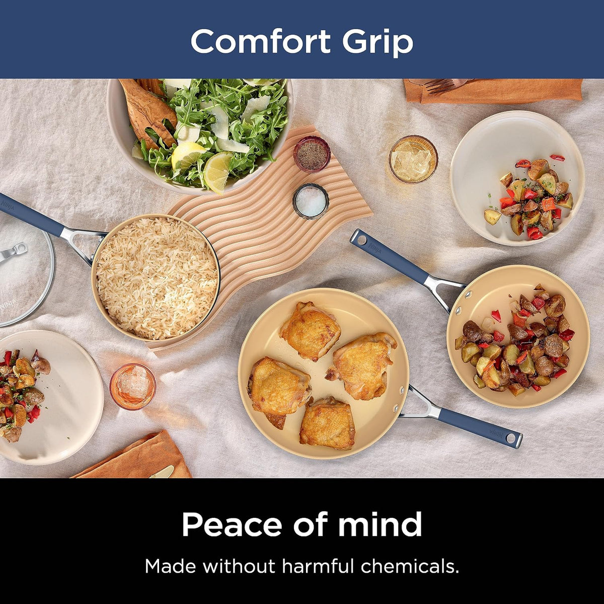 Ninja Ceramic Cookware Set, 11-Piece Kitchen Set, Navy Blue, CW49011 | Extended Life with Comfort Grip, Nonstick Fry Pans, Pots, PTFE Free, Oven & Dishwasher Safe, Stovetop Compatible