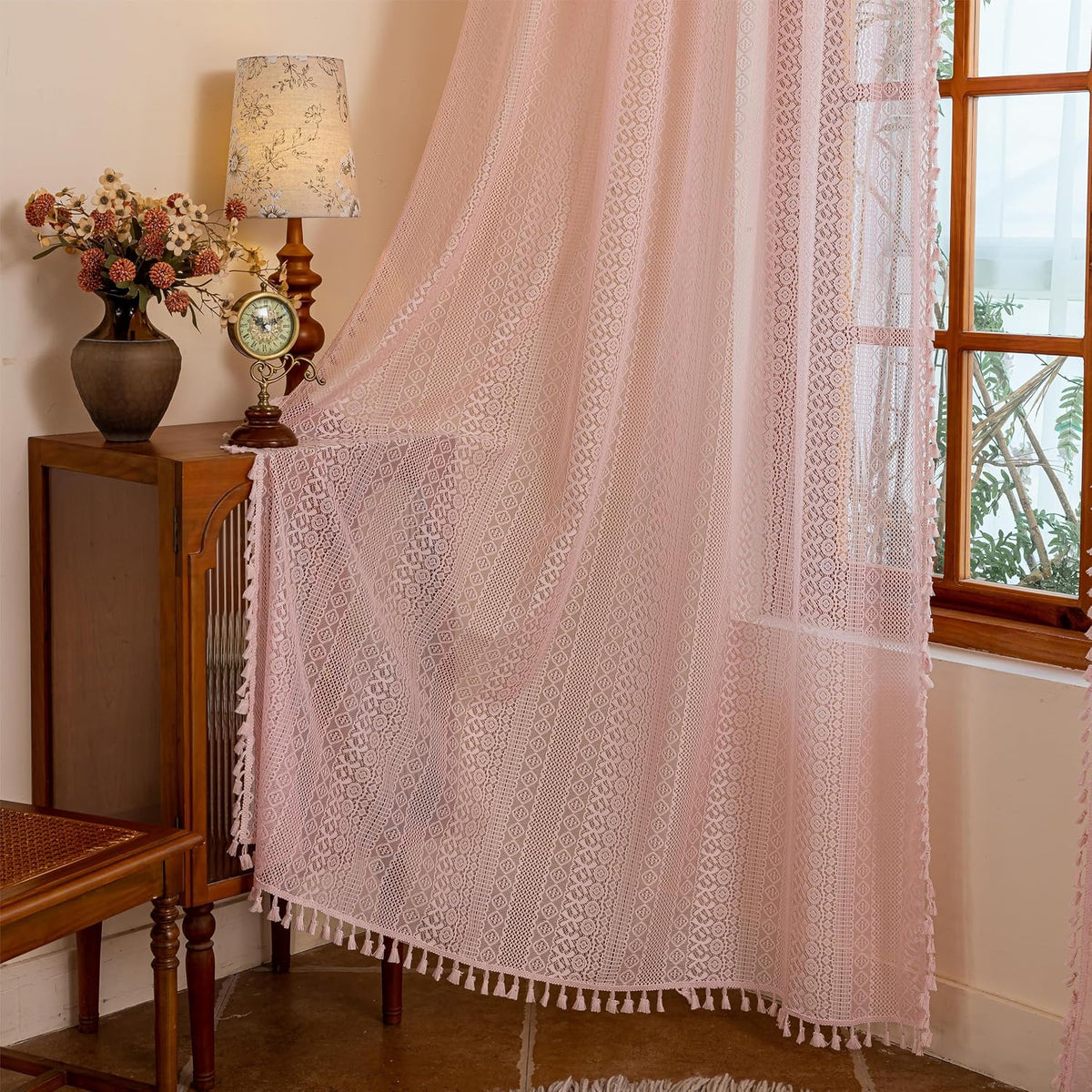 Sutuo Home Boho Curtain Crochet Lace Semi-Sheer Florals Hollow Knitted Handmade Tassels, Rod Pocket Window Treatment Vintage Rustic Farmhouse Drapes for Living Bedroom, 1 Panel 59" W x 84" L, Beige