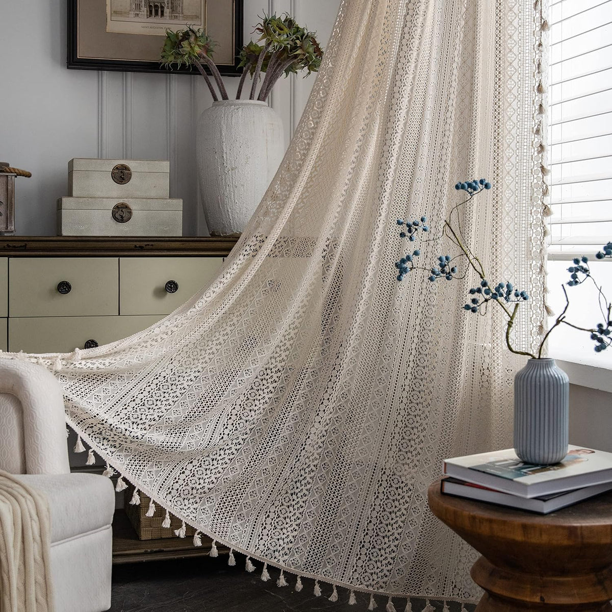 Sutuo Home Boho Curtain Crochet Lace Semi-Sheer Florals Hollow Knitted Handmade Tassels, Rod Pocket Window Treatment Vintage Rustic Farmhouse Drapes for Living Bedroom, 1 Panel 59" W x 84" L, Beige