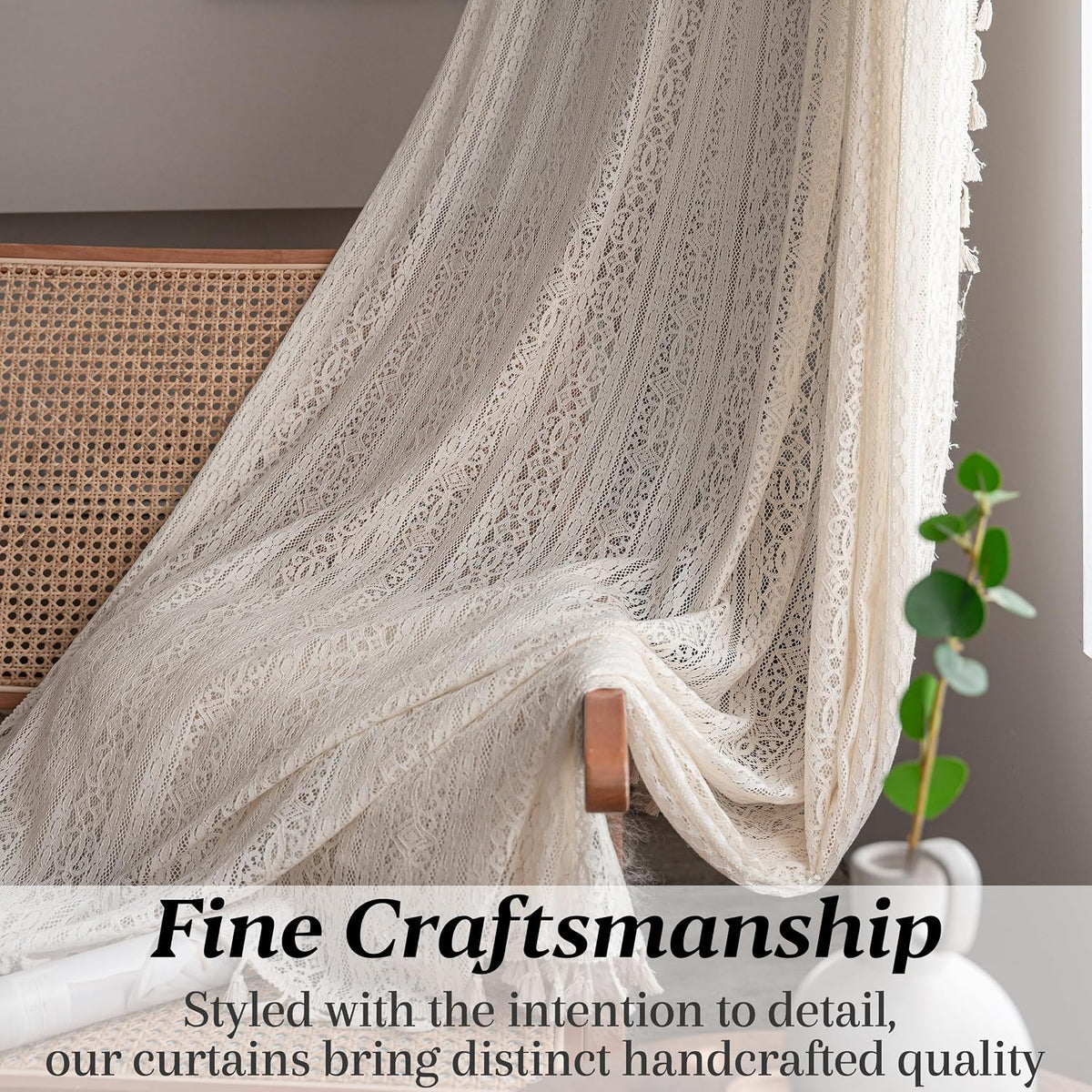 Sutuo Home Boho Curtain Crochet Lace Semi-Sheer Florals Hollow Knitted Handmade Tassels, Rod Pocket Window Treatment Vintage Rustic Farmhouse Drapes for Living Bedroom, 1 Panel 59" W x 84" L, Beige