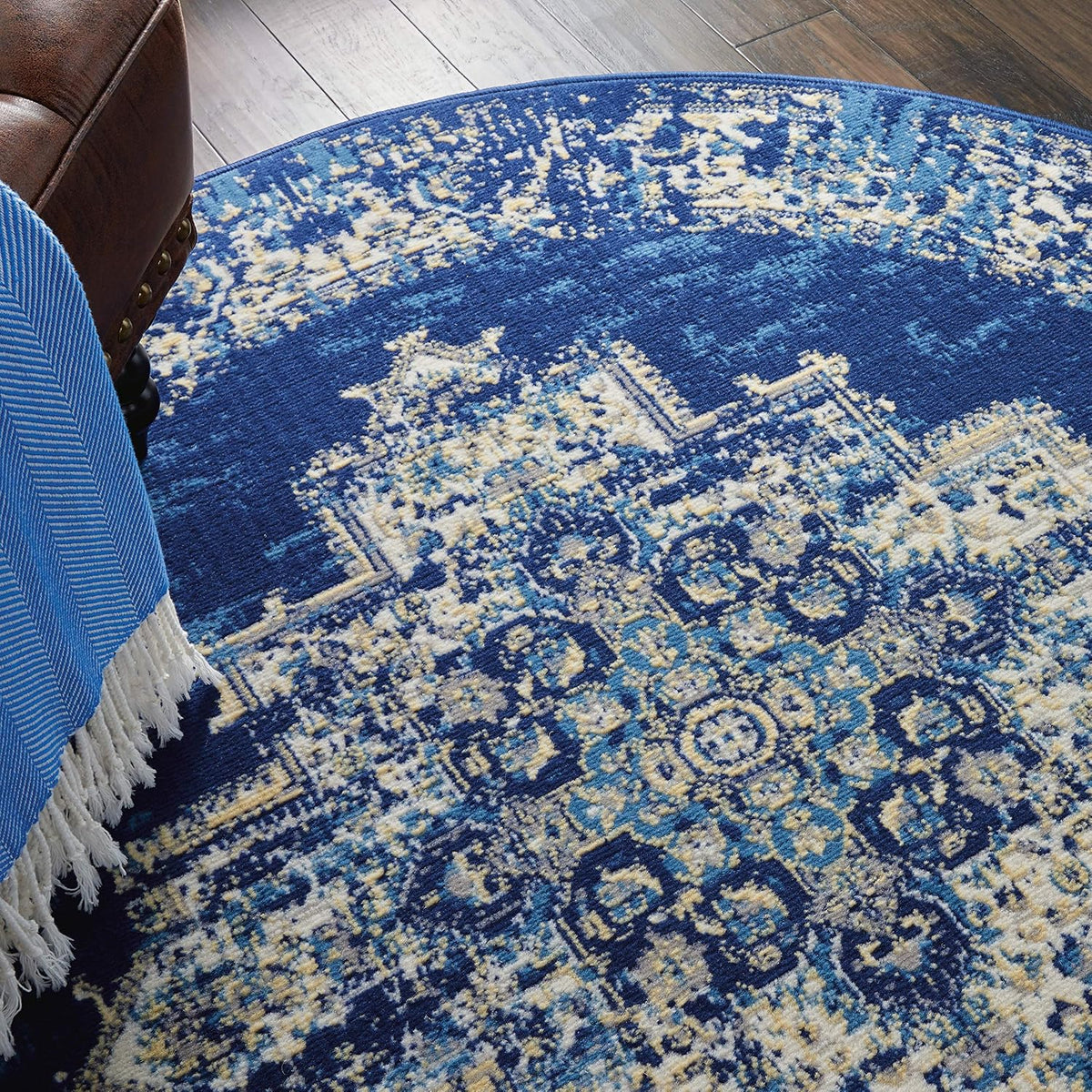 Nourison Home Grafix Navy Blue 5'3" x Round Area Rug - Easy Clean, Non Shedding, Bed Room, Living Room, Dining Room, Kitchen (5' x Round)