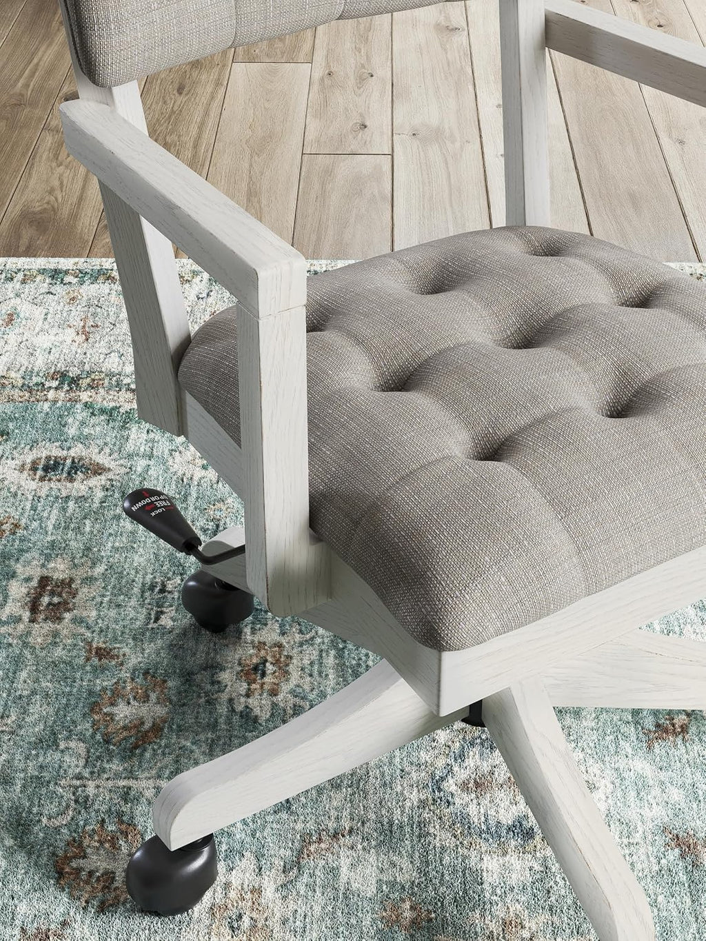 Signature Design by Ashley Robbinsdale Home Office Desk Chair, Farmhouse | Solid wood frame, 360-degree swivel, Tufted light gray fabric, Smooth casters, Adjustable height