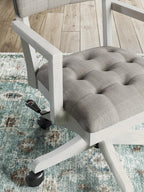 Signature Design by Ashley Robbinsdale Home Office Desk Chair, Farmhouse | Solid wood frame, 360-degree swivel, Tufted light gray fabric, Smooth casters, Adjustable height