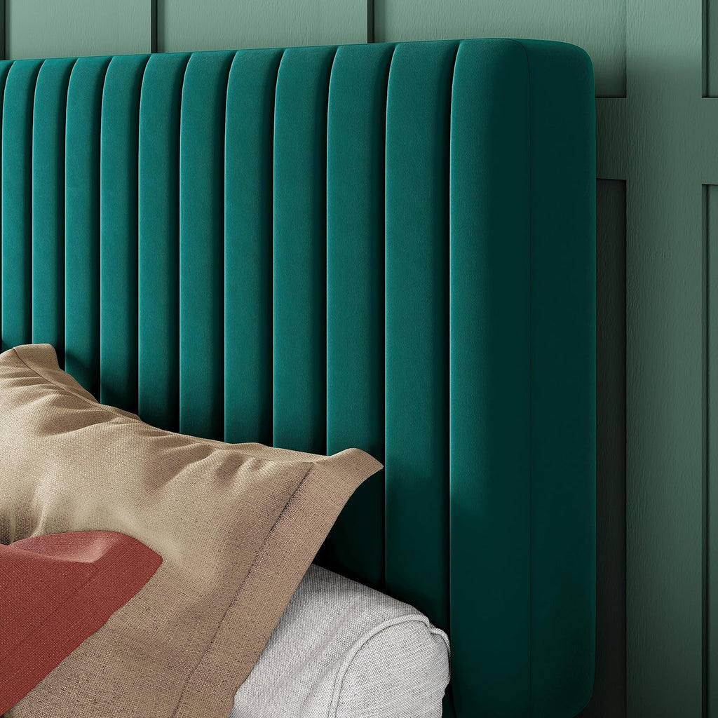 Allewie Queen Bed Frame, Velvet Upholstered Platform Bed with Adjustable Vertical Channel Tufted Headboard, Mattress Foundation with Strong Wooden Slats, Box Spring Optional, Easy Assembly, Teal