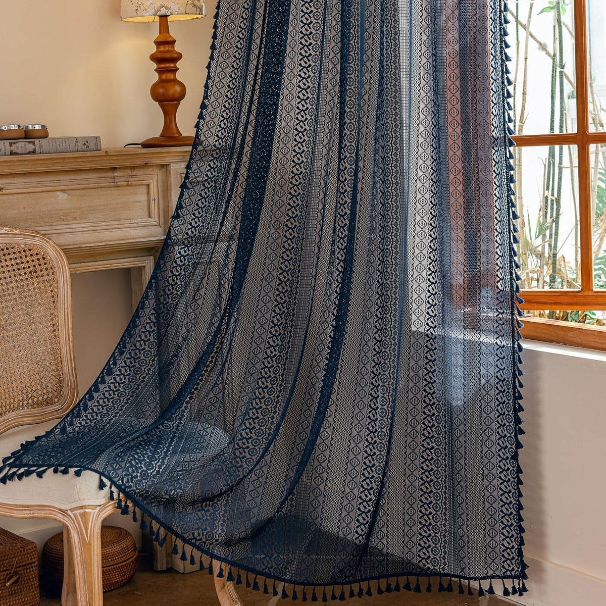 Sutuo Home Boho Curtain Crochet Lace Semi-Sheer Florals Hollow Knitted Handmade Tassels, Rod Pocket Window Treatment Vintage Rustic Farmhouse Drapes for Living Bedroom, 1 Panel 59" W x 84" L, Beige