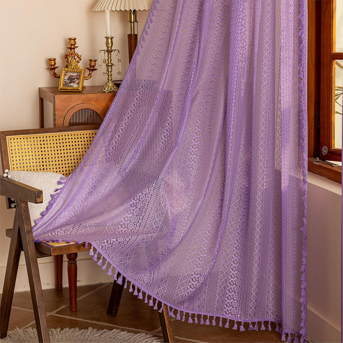 Sutuo Home Boho Curtain Crochet Lace Semi-Sheer Florals Hollow Knitted Handmade Tassels, Rod Pocket Window Treatment Vintage Rustic Farmhouse Drapes for Living Bedroom, 1 Panel 59" W x 84" L, Beige