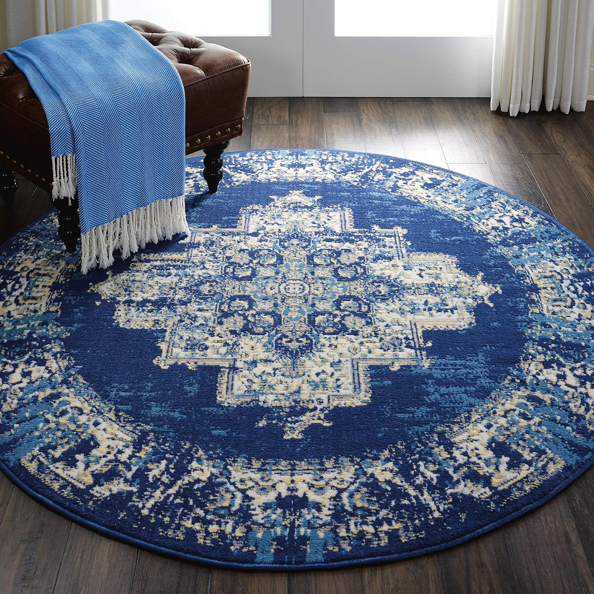 Nourison Home Grafix Navy Blue 5'3" x Round Area Rug - Easy Clean, Non Shedding, Bed Room, Living Room, Dining Room, Kitchen (5' x Round)