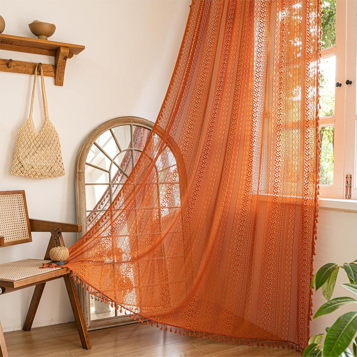Sutuo Home Boho Curtain Crochet Lace Semi-Sheer Florals Hollow Knitted Handmade Tassels, Rod Pocket Window Treatment Vintage Rustic Farmhouse Drapes for Living Bedroom, 1 Panel 59" W x 84" L, Beige