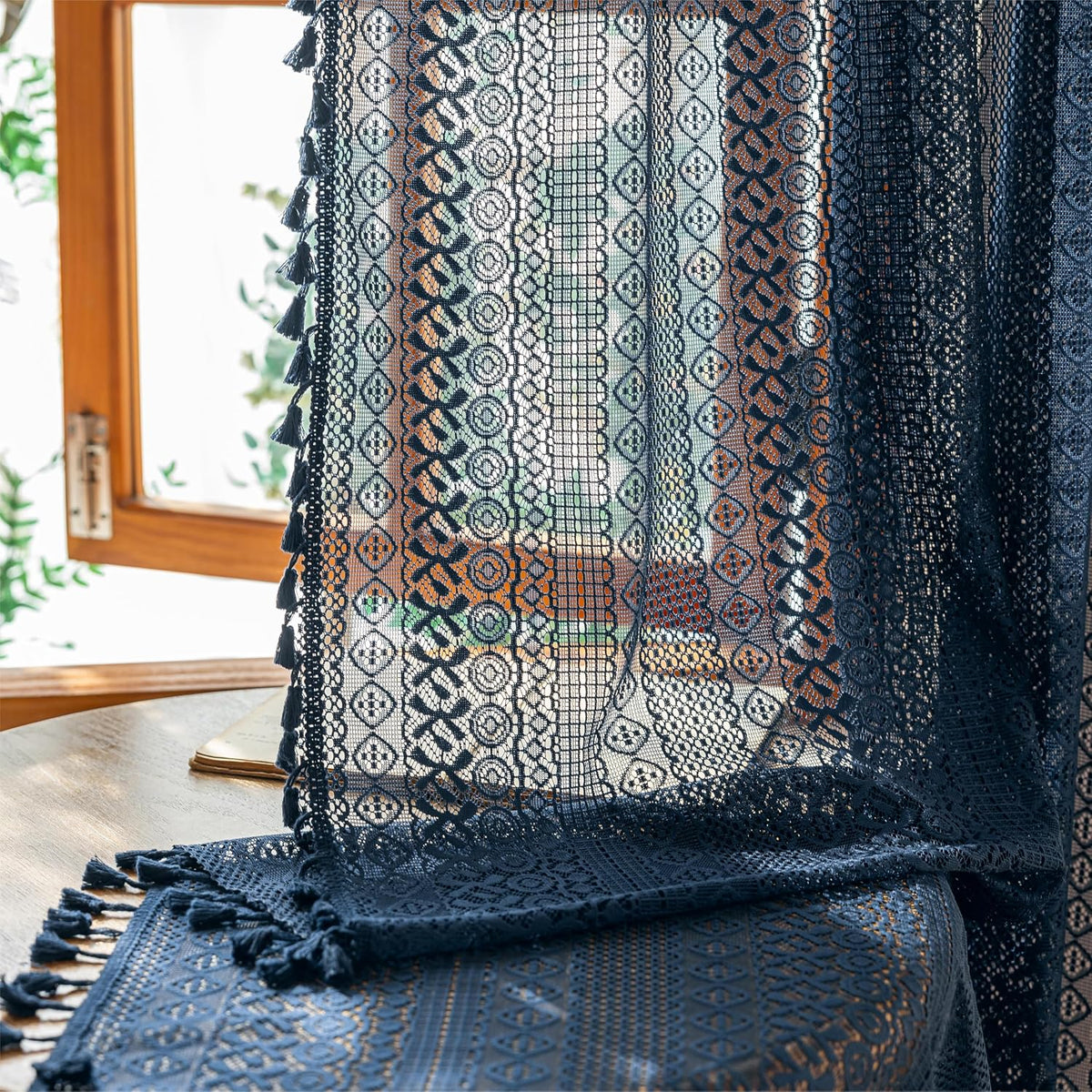 Sutuo Home Boho Curtain Crochet Lace Semi-Sheer Florals Hollow Knitted Handmade Tassels, Rod Pocket Window Treatment Vintage Rustic Farmhouse Drapes for Living Bedroom, 1 Panel 59" W x 84" L, Beige