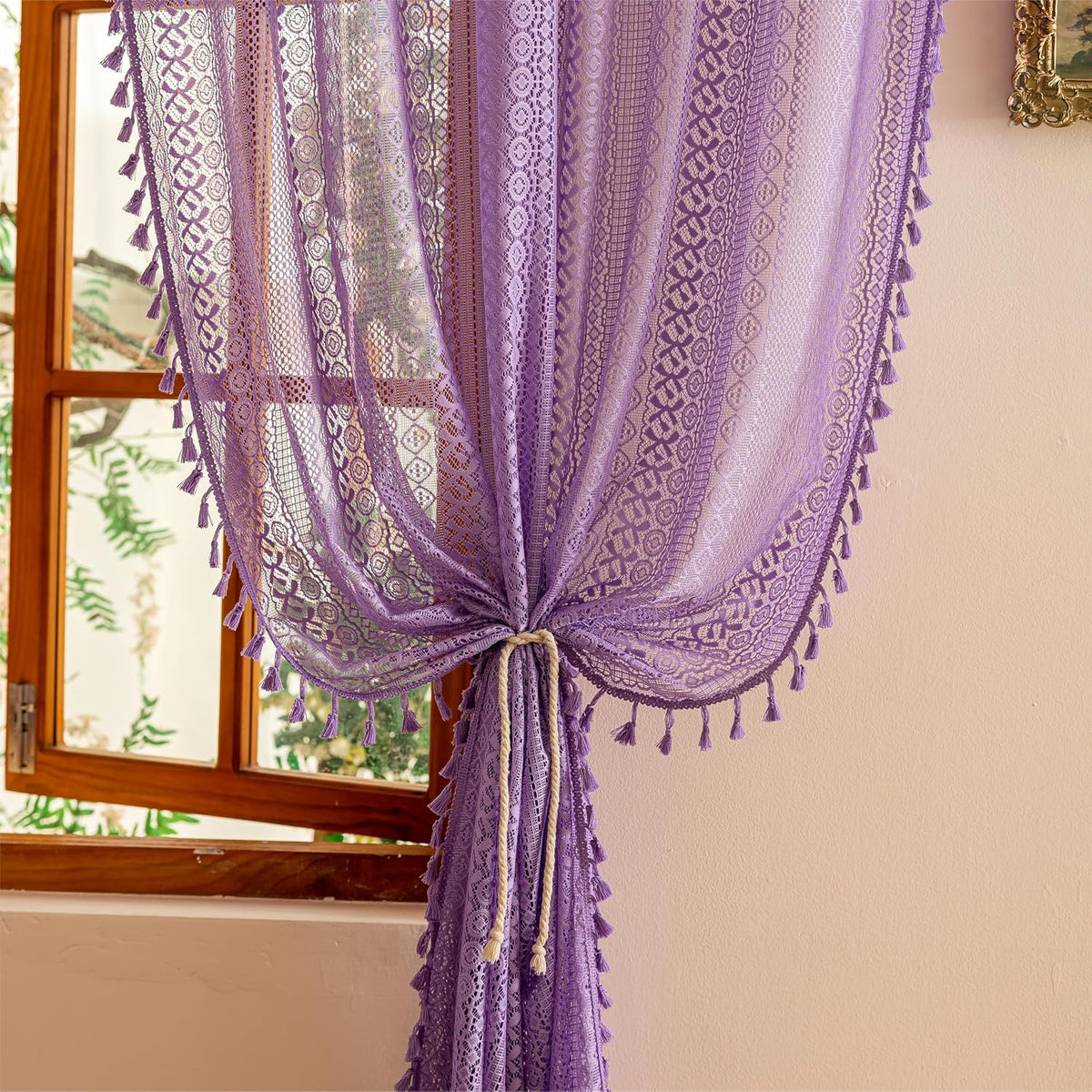 Sutuo Home Boho Curtain Crochet Lace Semi-Sheer Florals Hollow Knitted Handmade Tassels, Rod Pocket Window Treatment Vintage Rustic Farmhouse Drapes for Living Bedroom, 1 Panel 59" W x 84" L, Beige
