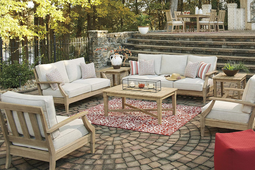 Signature Design by Ashley Clare View 1-Piece Outdoor Lounge Chair, Beige | Eucalyptus wood frame, 5-step protective coating, Nuvella performance fabric, Zippered foam core, 30x35x32 inches